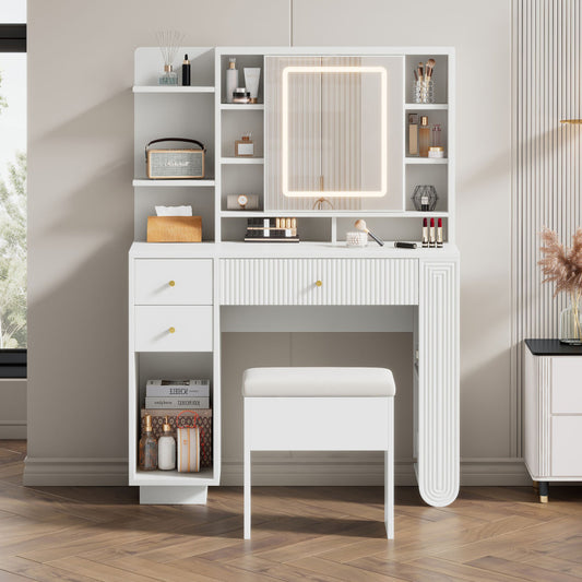Beleuchteter Schminktisch mit Spiegel & Hocker – Moderner Frisiertisch mit Einstellbarer Helligkeit, Schubladen & Offener Ablage, Weiß, 100×40×138 cm