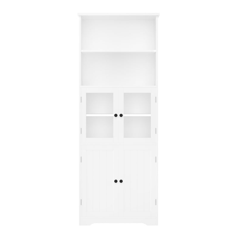 57.5 x 28.5 x 160cm Badezimmer-Hochschrank mit Stauraum, feuchtigkeitsbeständige Farbe, Glasschranktür, Holzschranktür, zwei offene Ablagefächer, verstellbare Trennwände, einfache Textur, weiß