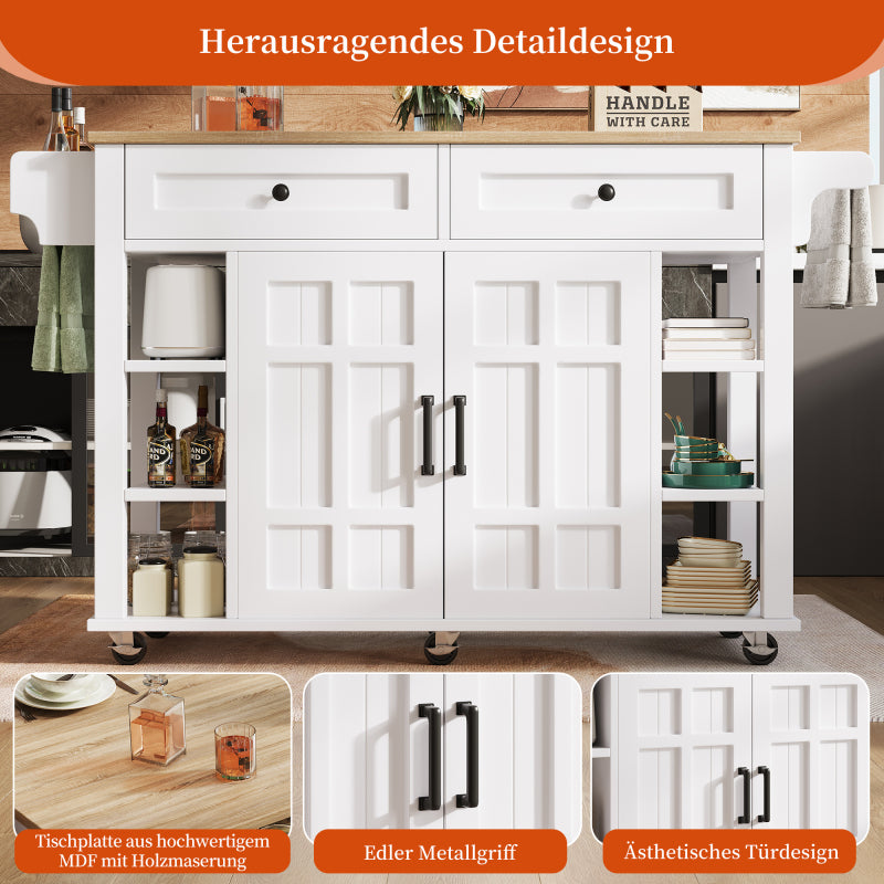 Kücheninsel mit herausnehmbaren Trennwänden, Speisewagen mit Arbeitsplatte, Buffetschrank, Speisewagen mit Holzmaserung, Handtuchhalter beidseitig mit Rollen, weiß