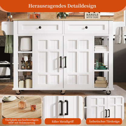 Kücheninsel mit herausnehmbaren Trennwänden, Speisewagen mit Arbeitsplatte, Buffetschrank, Speisewagen mit Holzmaserung, Handtuchhalter beidseitig mit Rollen, weiß