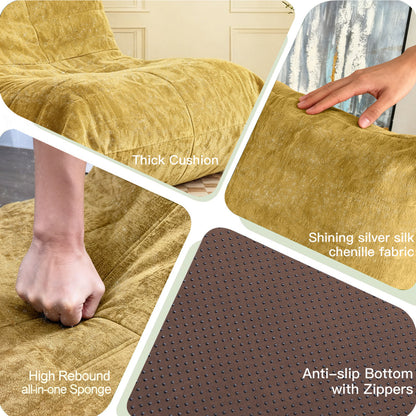 Ergonomischer Sitzsack Sessel mit 5-Zonen-Körperunterstützung, Bean Bag Chair aus Chenille-Stoff, Gelb