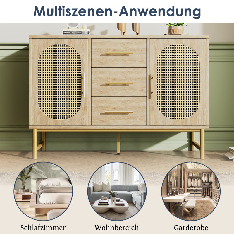 Rattan kommode mit 3-Schubladen und 2-Rattan-Türer,kommode schrank, Schminktisch, für Schlafzimmer und Wohnzimmer, Verstellbare Regale, Kippschutz, 120 x 40 x 74 cm, Sonoma Eiche