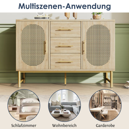 Rattan kommode mit 3-Schubladen und 2-Rattan-Türer,kommode schrank, Schminktisch, für Schlafzimmer und Wohnzimmer, Verstellbare Regale, Kippschutz, 120 x 40 x 74 cm, Sonoma Eiche
