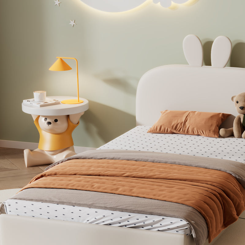 Kaninchen Kopfteil Polsterbett, Kinderbett mit Holzlatten, Einzelbett, Samt, Beige, 90x200cm