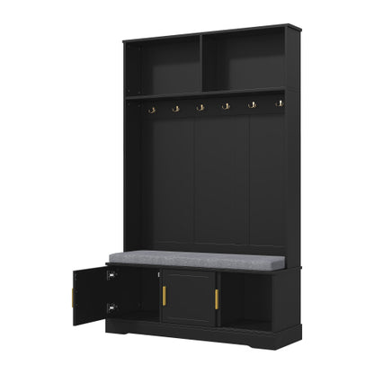 Garderobenständer mit  Schuhbank, Garderobe,  6 Dreifach-Haken,freistehend, platzsparend, für Eingangsbereich,Flur, Schwarz