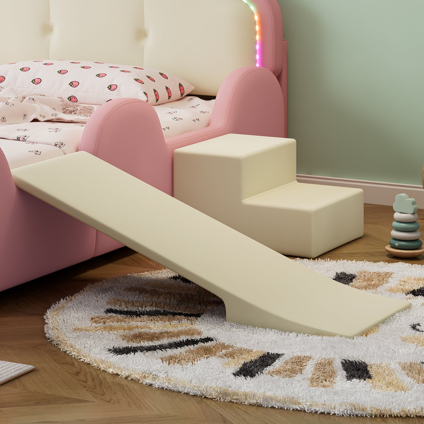 Polsterbett, Crown Cartoon Bett, Mit Multi-Mode-LED-Streifen, Kinderbett mit kleiner Rutsche und Treppe, mit schützenden weichen Kanten, mit Holzlatten, PU, Rosa + Beige, 90x200cm