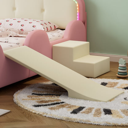 Polsterbett, Crown Cartoon Bett, Mit Multi-Mode-LED-Streifen, Kinderbett mit kleiner Rutsche und Treppe, mit schützenden weichen Kanten, mit Holzlatten, PU, Rosa + Beige, 90x200cm