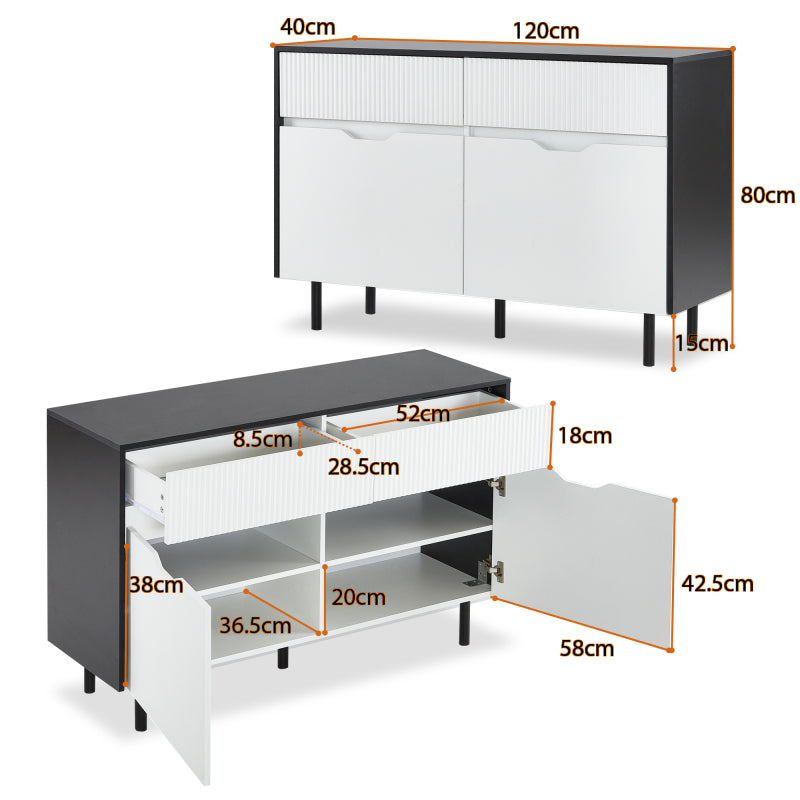 Aufbewahrungsschrank 120cm mit geriffelten Schubladen, schwarz-weißes Design, verstellbare Einlegeböden, 2 Türen, Sideboard-Buffet, Schrank-Organisator für Küche, Wohnzimmer, Esszimmer