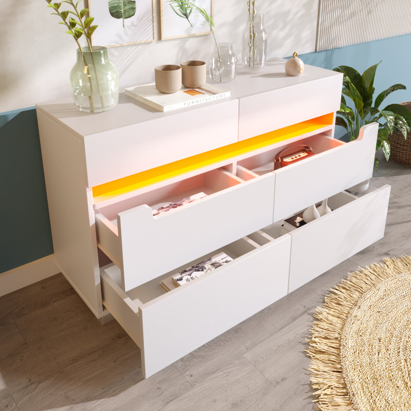 Kommode, Sideboard Holz mit 6 Schubladen, LED Beleuchtung (App Control), Mehrzweckschrank für Wohnzimmer und Schlafzimmer, 71 x 120 x 40 cm, Weiß