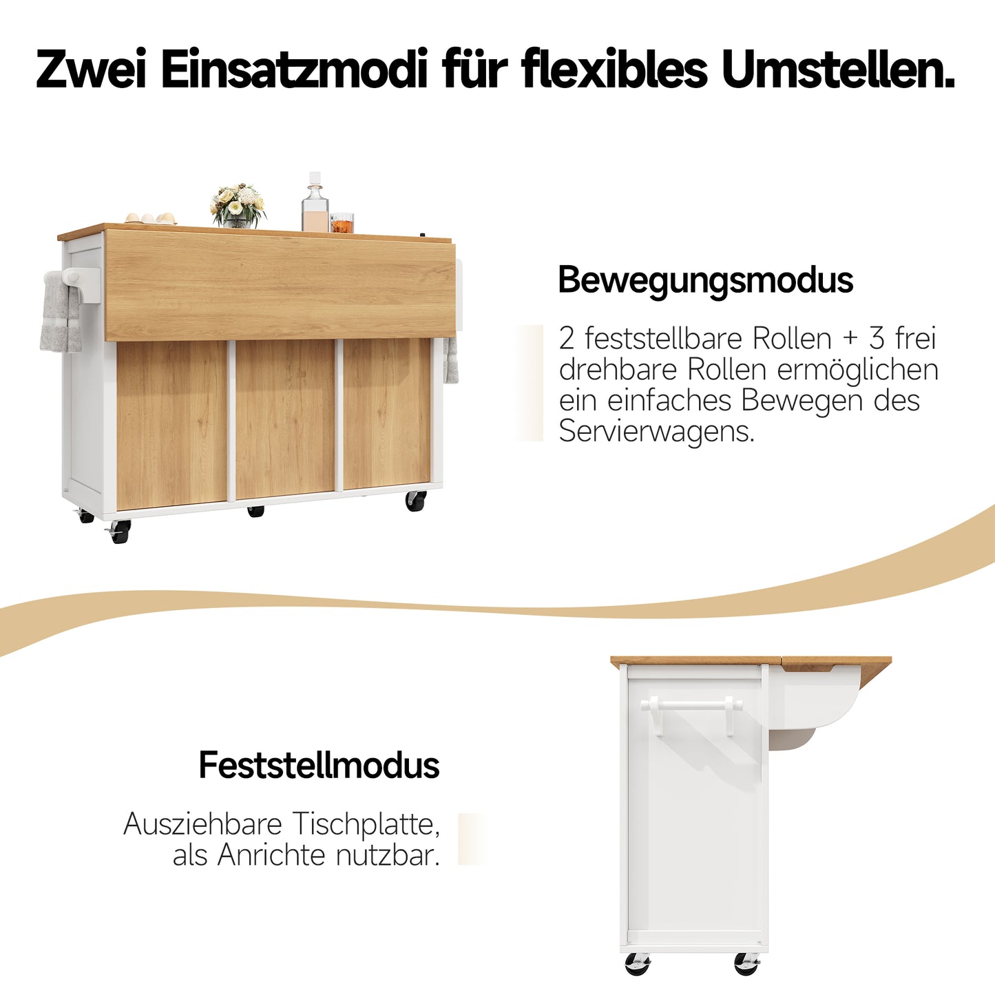 Kücheninsel,Küchenschrank,Buffetschrank,120x73(45)x93cm,ausziehbarer Küchenwagen mit Rollen, Handtuchhalter, Gewürzregal, verstellbaren Einlegeböden, zwei Türen, vier Schubladen, weiß