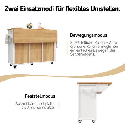 Kücheninsel,Küchenschrank,Buffetschrank,120x73(45)x93cm,ausziehbarer Küchenwagen mit Rollen, Handtuchhalter, Gewürzregal, verstellbaren Einlegeböden, zwei Türen, vier Schubladen, weiß