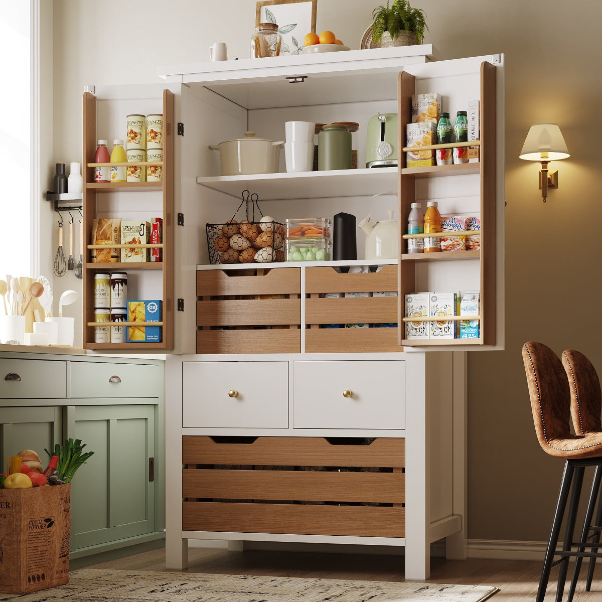 Küchenschrank 140cm hoch, Buffet-Schrank mit 2 Türen & 5 Schubladen, Mehrzweckschrank Weiß, Sideboard Vorratsschrank mit Kippschutz, 80x40cm