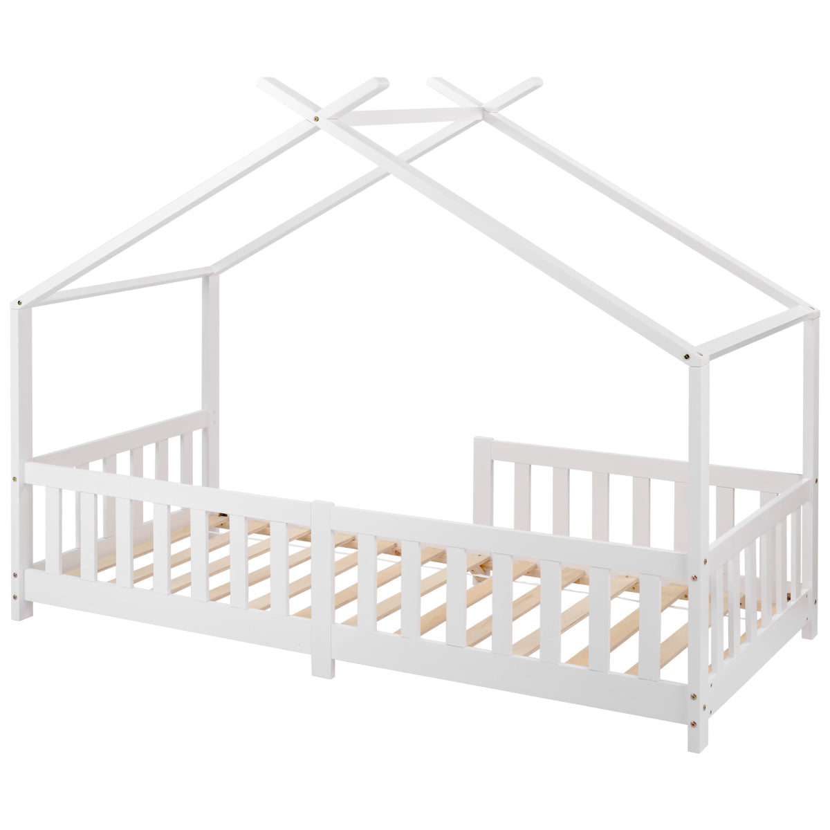 Hausbett 90x200 Weiß, Kinderbett mit Rausfallschutz & Lattenrost, Abenteuerbett Kiefer Massivholz