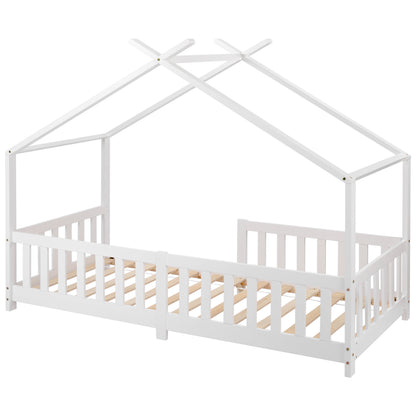 Hausbett 90x200 Weiß, Kinderbett mit Rausfallschutz & Lattenrost, Abenteuerbett Kiefer Massivholz