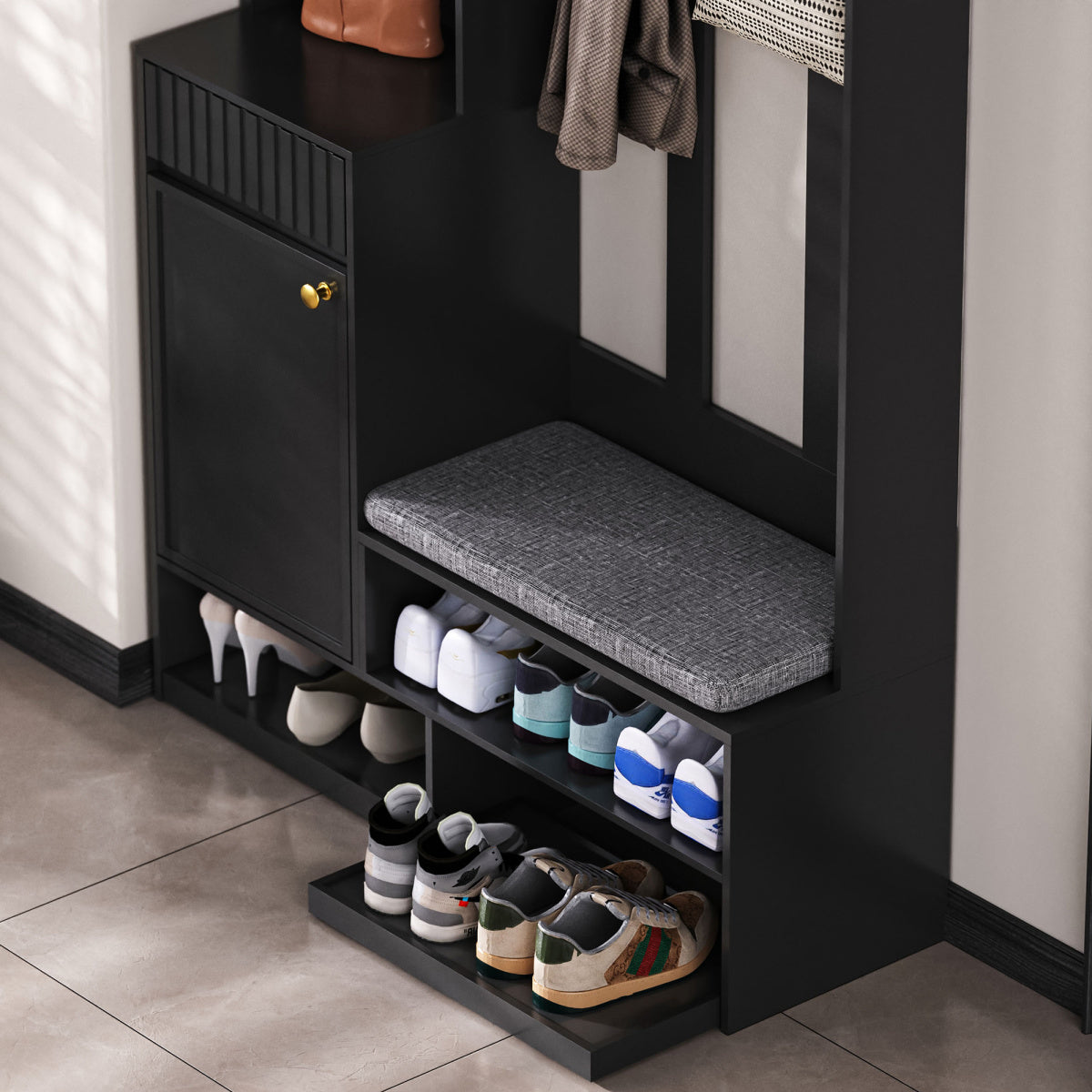 Garderobenset mit Sitzbank, Pegboard, 4 Haken, 2 Schubladen & Schrank, MDF, Schwarz, 100×35×180 cm
