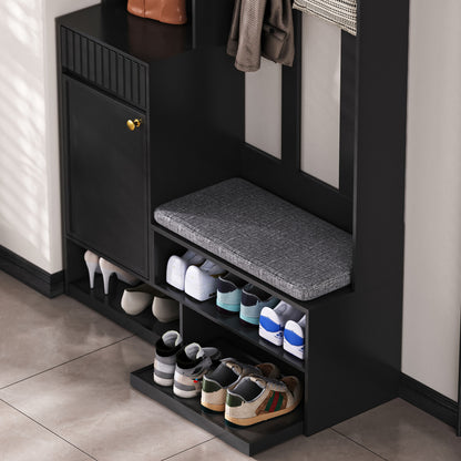 Garderobenset mit Sitzbank, Pegboard, 4 Haken, 2 Schubladen & Schrank, MDF, Schwarz, 100×35×180 cm