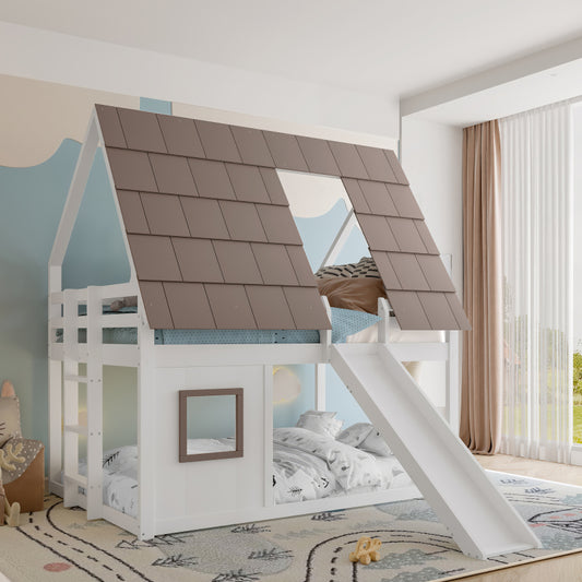 140 x 200 Holzhaus-Etagenbett mit Dach, Leiter und Rutsche, Weiß+Braun
