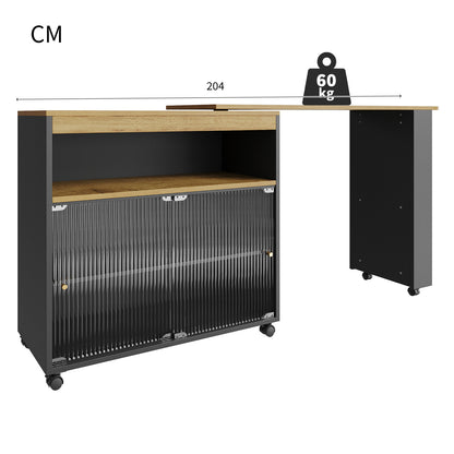 Produkttitel:  Bartisch ausziehbar 138-204cm, fahrbarer Stehtisch mit LED & Changhong-Glas, Küchentisch mit Rollen & Stauraum, Bistro Table, Schwarz