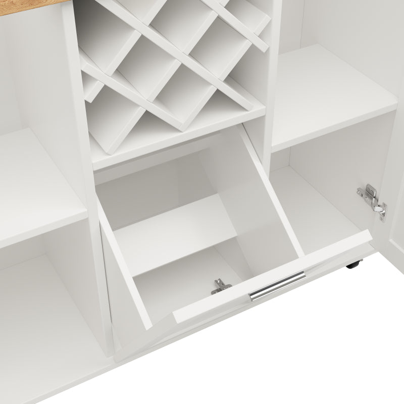 Kücheninsel mit herausnehmbaren Trennwänden, Küchenschrank, Esszimmerwagen mit Arbeitsplatte, Buffetschrank, Esszimmerwagen mit Holzmaserung, seitlicher Handtuchhalter mit Flaschenhalter, weiß