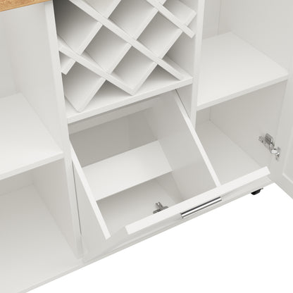 Kücheninsel mit herausnehmbaren Trennwänden, Küchenschrank, Esszimmerwagen mit Arbeitsplatte, Buffetschrank, Esszimmerwagen mit Holzmaserung, seitlicher Handtuchhalter mit Flaschenhalter, weiß