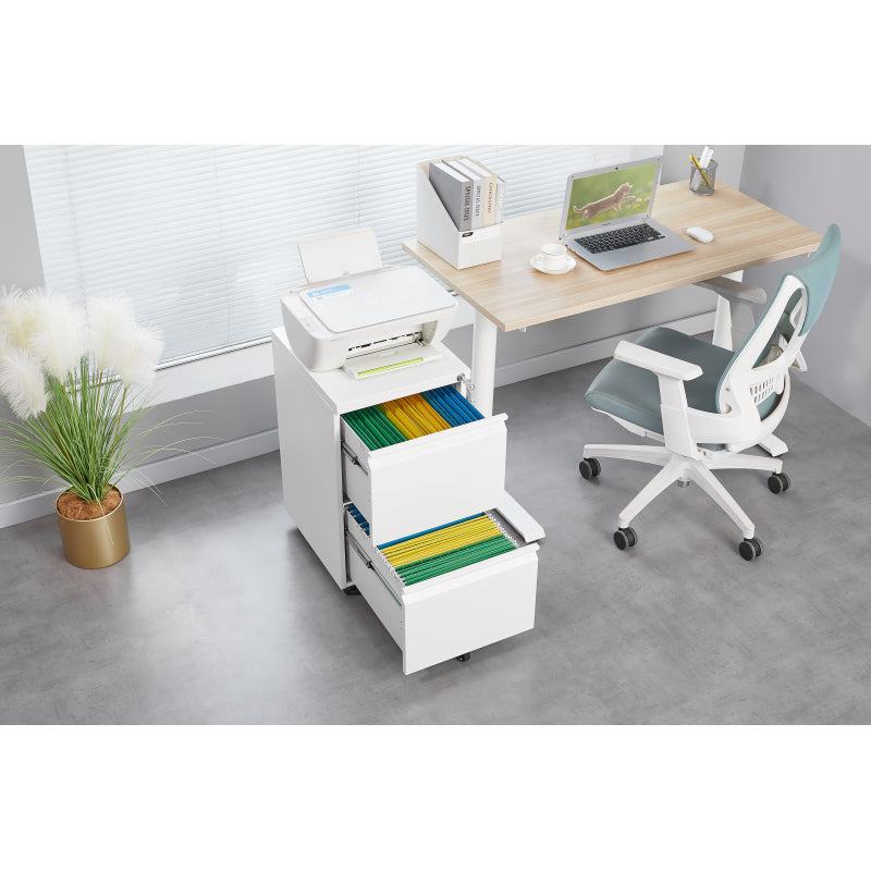 Metal 2 Drawer Mobile File Cabinet with Lock, Under Desk Office Steel Filing Cabinet, 25.6''H Legal/Letter Size Files Storage Cabinet,White