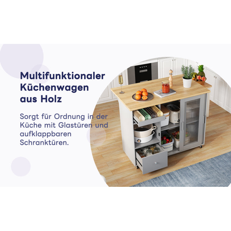112×46(69)×91cm, klappbarer Kücheninselwagen, Eichenholzfurnier, Weinregal, Schubladen, großer Kücheninselwagen mit Schiebetüren aus gehärtetem Glas und verstellbaren Einlegeböden, mobiler Inselwagen