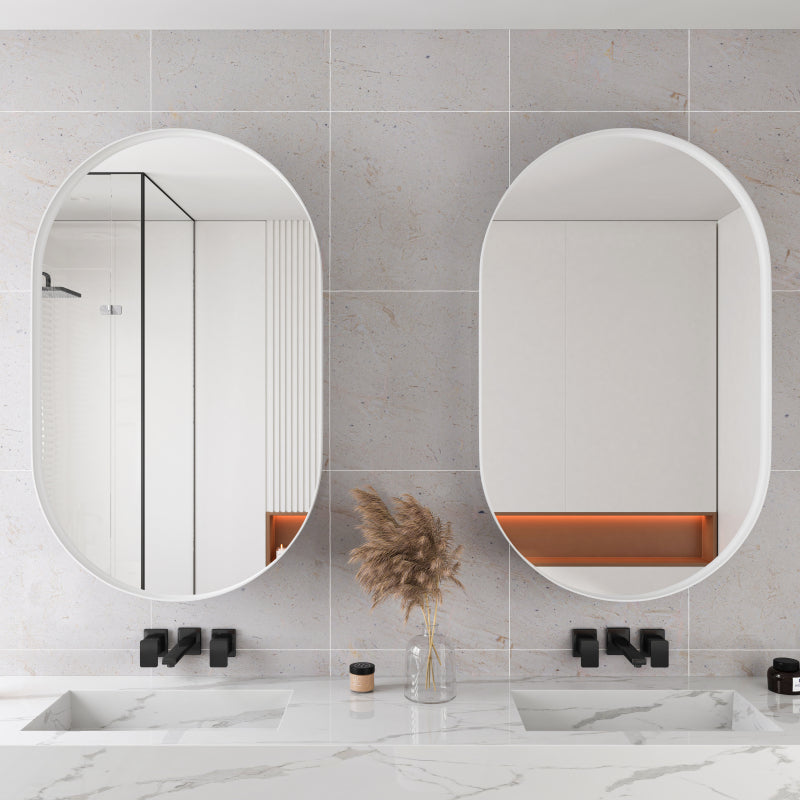 Stylish Oval Mirror Cabinet, Recessed Medicine Cabinet, Wall Cabinet with Metal Framed, Mirror and Adjustable Shelves, Mirror Cabinet with Storage for Bathroom, Living Room and Bedroom, White