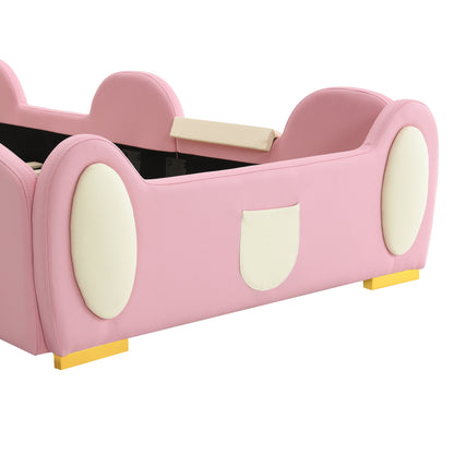Polsterbett, Crown Cartoon Bett, Mit Multi-Mode-LED-Streifen, Kinderbett mit kleiner Rutsche und Treppe, mit schützenden weichen Kanten, mit Holzlatten, PU, Rosa + Beige, 90x200cm