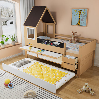 Etagenbett, Baumhausbett mit Schubladen und Ausziehbett, Mit Ausziehtisch, Reichlich Stauraum, Holzbett mit Fenster, Rahmen aus Kiefer, Graffiti-Tafel, Kiefer+MDF, weiß+Natur, 90x200&90*190cm