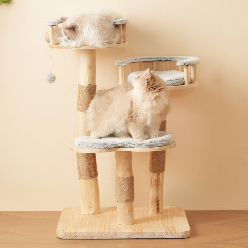 Designer Katzenklettergerüst aus Massivholz - 98 cm hoch, 3-stufiges Sprungbrett, abnehmbare Kissen und Spielbälle, Wolkenoptik-Imitation