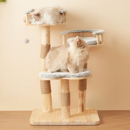 Designer Katzenklettergerüst aus Massivholz - 98 cm hoch, 3-stufiges Sprungbrett, abnehmbare Kissen und Spielbälle, Wolkenoptik-Imitation