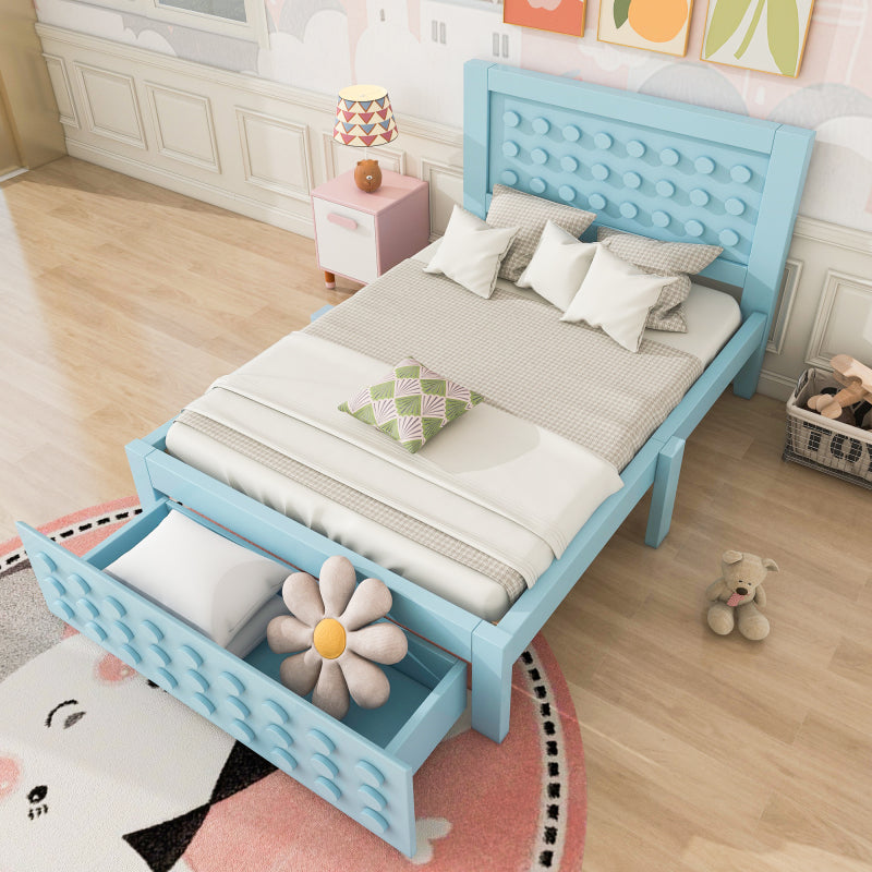Holzbett Einzelbett 90x200 cm, Kinderbett Jugendbett mit Kreativem Block Design, Massivholz Bettgestell mit Lattenrost, mit Schubladen & Unterm Bett Stauraum, Ohne Matratze