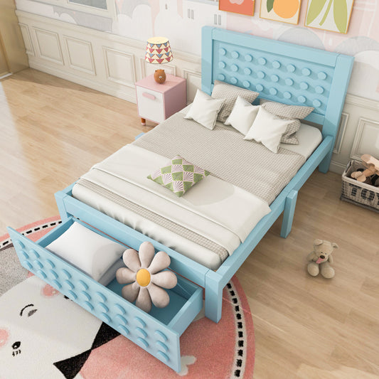 Holzbett Einzelbett 90x200 cm, Kinderbett Jugendbett mit Kreativem Block Design, Massivholz Bettgestell mit Lattenrost, mit Schubladen & Unterm Bett Stauraum, Ohne Matratze