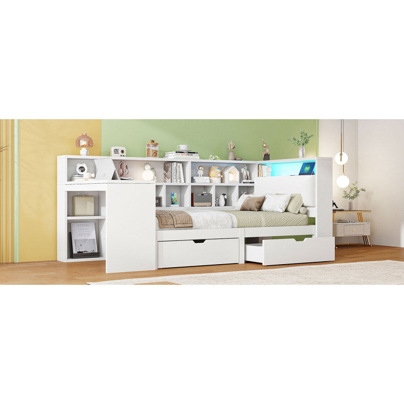 90x200 L-förmiges Holz-Plattformbett mit Schreibtisch und Bücherregal, Eck-Kapitänsbett mit gepolstertem Kopfteil, Schubladen unter dem Bett, LED-Licht - Weiß