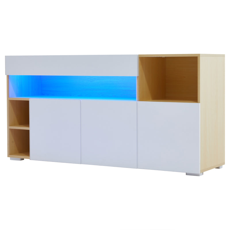 LED Sideboard Breite 140cm, Multifunktionales Sideboard,Kommode, Highboard , Luxuriöses Sideboard für Wohnzimmer, Eckschrank für Flur, Schrank für Schlafzimmer, Weiß und Eiche
