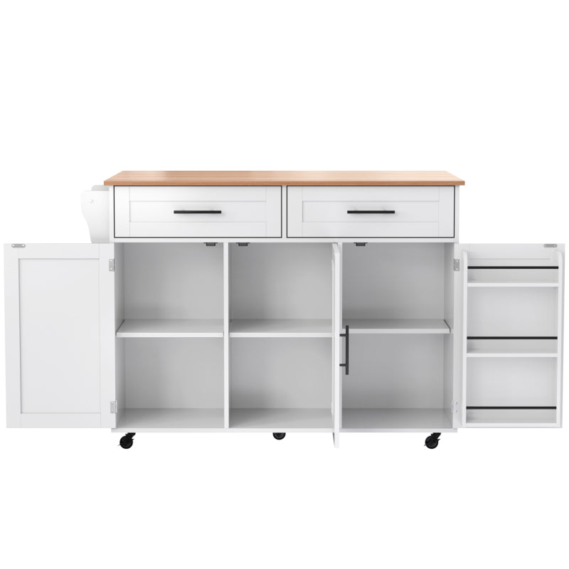 129x46(71)x91,5 cm großer Speisewagen/Sideboard, Arbeitsplatte mit Massivholzmaserung + Weiß Schrank/faltbare Arbeitsplatte/Aufbewahrungstür-Design/Räder/Massivholzfüße umschaltbar/für Zuhause geeig