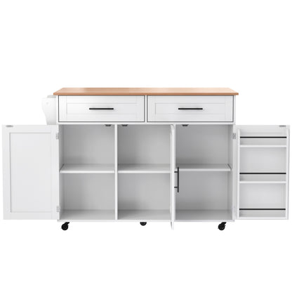 129x46(71)x91,5 cm großer Speisewagen/Sideboard, Arbeitsplatte mit Massivholzmaserung + Weiß Schrank/faltbare Arbeitsplatte/Aufbewahrungstür-Design/Räder/Massivholzfüße umschaltbar/für Zuhause geeig