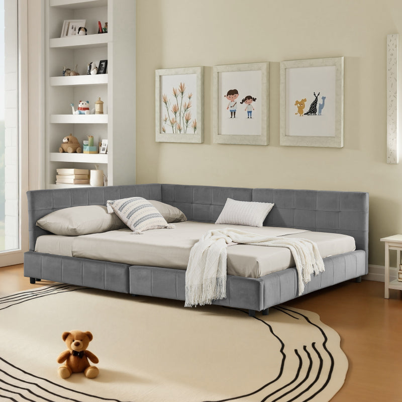 Doppelbett 160x200 cm weiches hautfreundliches Samt, L-förmiges Eck Bettgestell, robuste Eukalyptus- und Eisenlatten, Dark Gray (ohne Matratze)