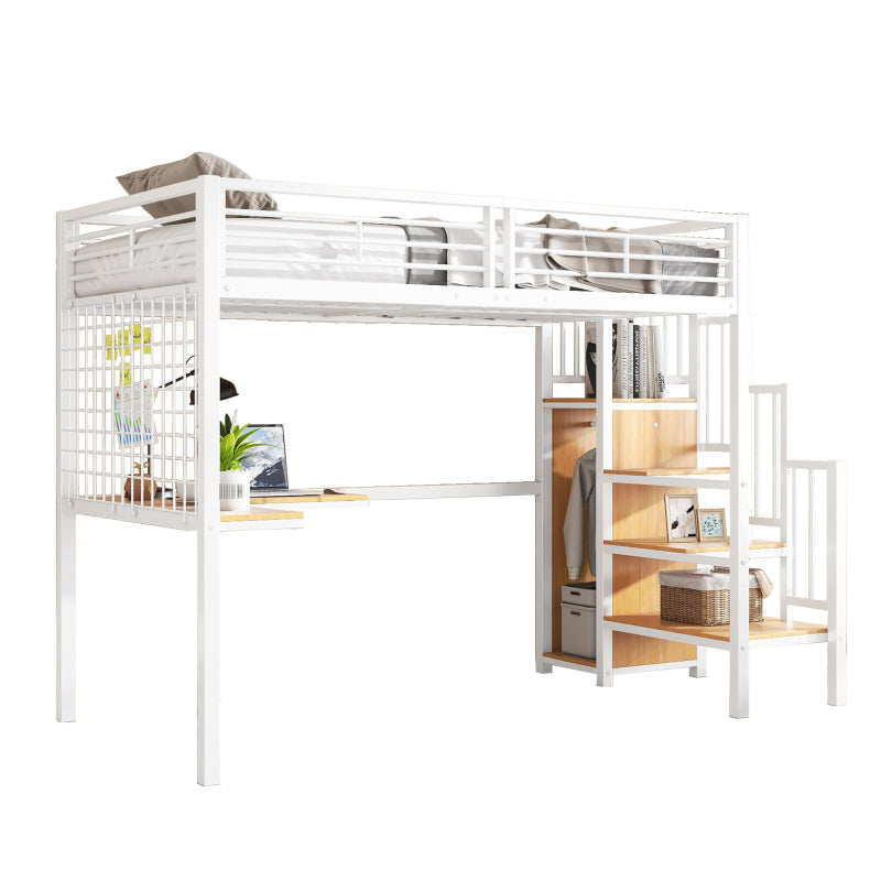 Eisenbett, Etagenbett, Hochbett, Geeignet für Kinder und Jugendliche, mit Tisch und Kleiderschrank, Seitenleiter mit Handlauf, Eisen+Spanplatte, Weiß+Natur, 90x200cm