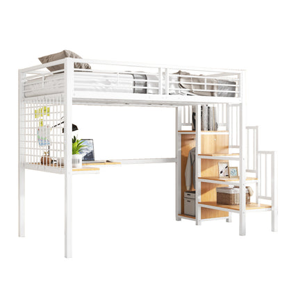 Eisenbett, Etagenbett, Hochbett, Geeignet für Kinder und Jugendliche, mit Tisch und Kleiderschrank, Seitenleiter mit Handlauf, Eisen+Spanplatte, Weiß+Natur, 90x200cm