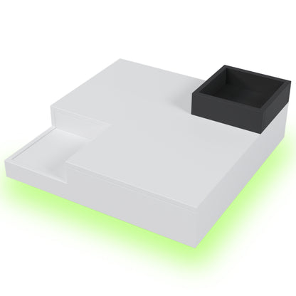 Couchtisch, Hochglanz-Wohnzimmertisch, Beistelltisch mit abnehmbarer Aufbewahrungsbox, Farbblockweiß und Schwarz, 72*72*30 cm, Mit LED-Lichteffekt