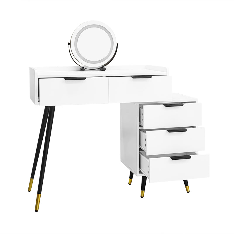 Weißer Schminktisch(Ohne Stühle), Enthält ausziehbare Seitenschränke, mit Spiegel einstellbare Helligkeit, mit 5 Schubladen, Großer Frisierkommode Schlafzimmermöbel Vanity, Weiß