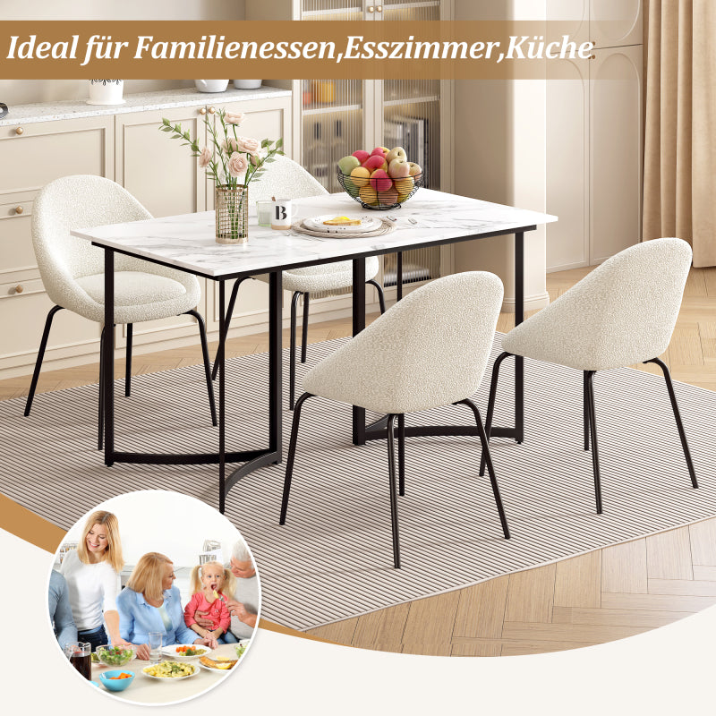Moderner Esstisch weiß mit Marmoroptik und gebogenen Tischbeinen, verstellbare Füße für Esszimmer und Küche