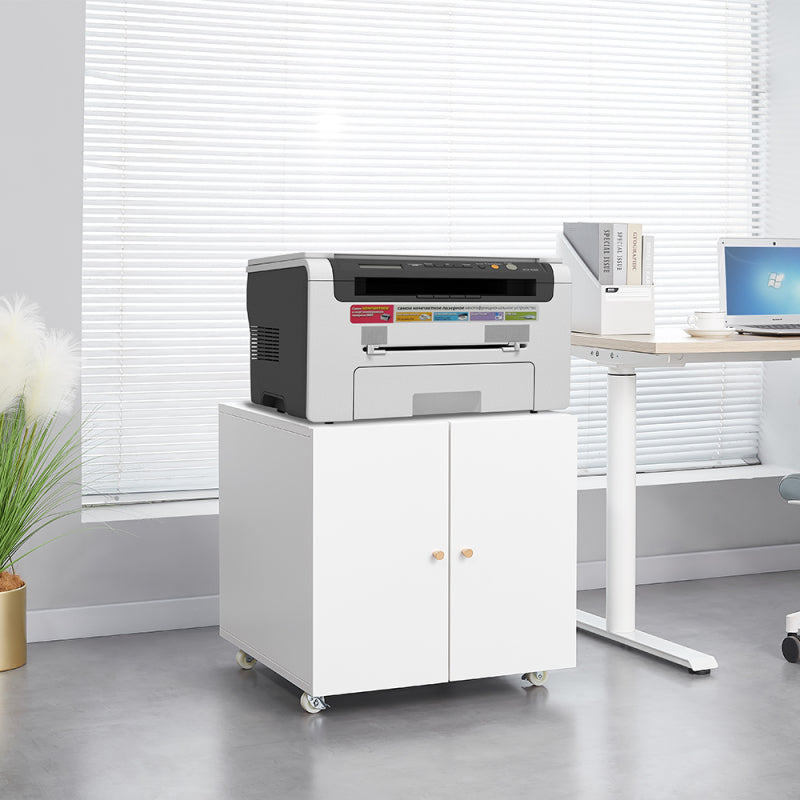 Metal Printer Stand with Storage Mobile Printer Tables for Small Spaces with Door Adjustable Shelf File Cabinet on Wheels for Home Office (White)