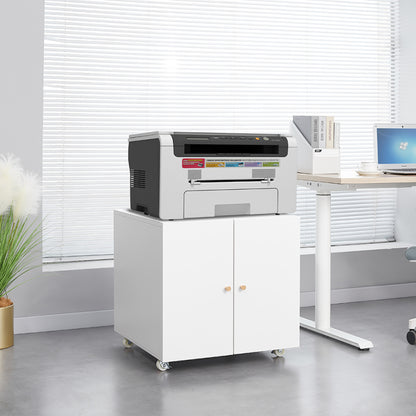 Metal Printer Stand with Storage Mobile Printer Tables for Small Spaces with Door Adjustable Shelf File Cabinet on Wheels for Home Office (White)