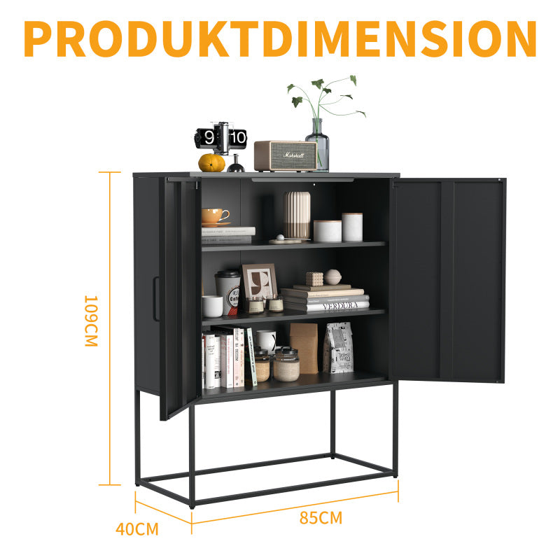 Metall-Sideboard,Lagerschrank– 2 Regale, freistehender Stahlschrank, Magnettüren, Anti-Kipp-Sicherung, Wohnzimmer, Küche, Büro, Schwarz, H 109 cm × B 85 cm × T 40 cm