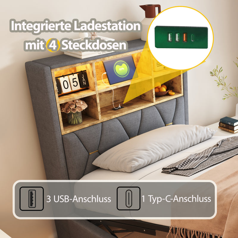 Kinderbett 90x200cm mit hydraulischem Stauraum APP-gesteuertes LED-Lichtband USB-Ladeanschluss Metall-Lattenrost Leinenpolsterung Grau