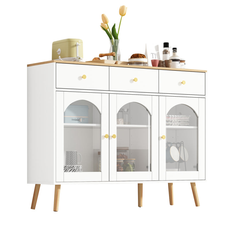 Sideboard mit 3 Schubladen und 3 gebogenen Türen mit breitem Schrank aus gehärtetem Glas für Buffettische in Küchen und Esszimmern, weiß und natur
