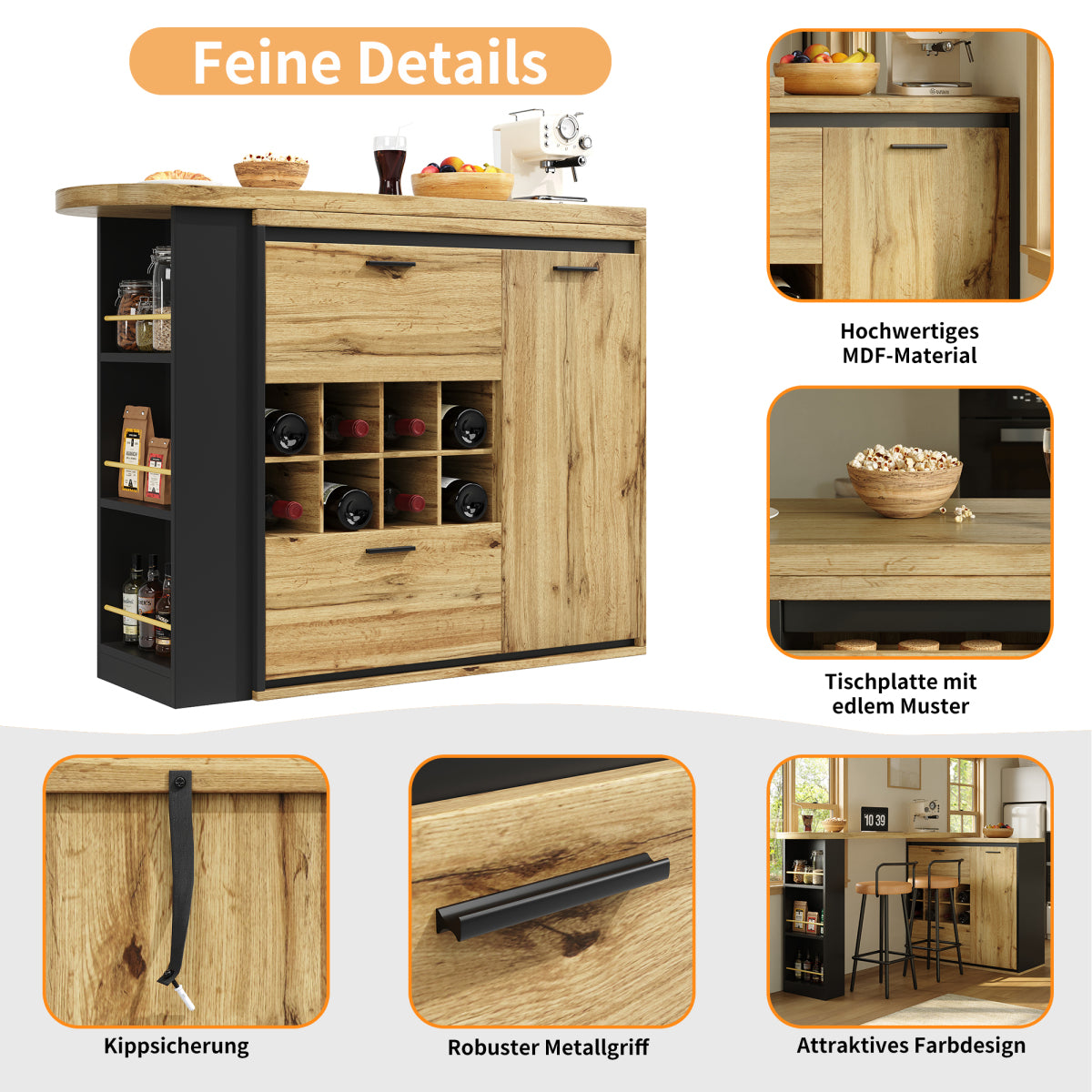 Ausziehbarer Bartisch 138-220cm Küchentisch mit Weinregal & 2 Schubladen, Stehtisch Natur Holzoptik, Multifunktionale Kücheninsel