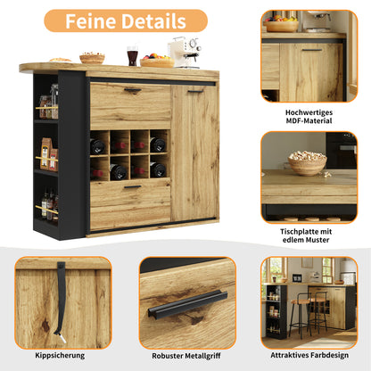 Ausziehbarer Bartisch 138-220cm Küchentisch mit Weinregal & 2 Schubladen, Stehtisch Natur Holzoptik, Multifunktionale Kücheninsel